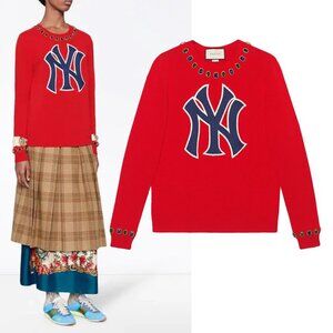 GUCCI SWEATER NY YANKEES PATCH RED WOOL TOP JEWEL DETAIL